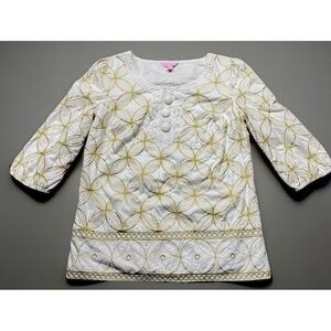 Lilly Pulitzer‎ Gold Tunic Shirt Small Embroidered Shannon 3/4 Sleeve Lined